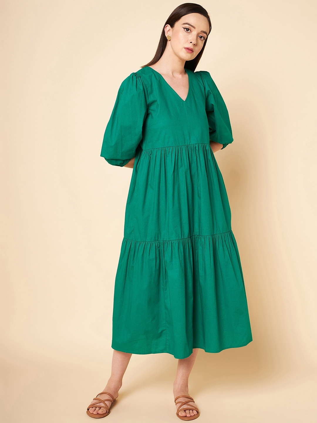 

High Star Green Puff Sleeve Fit & Flare Midi Dress