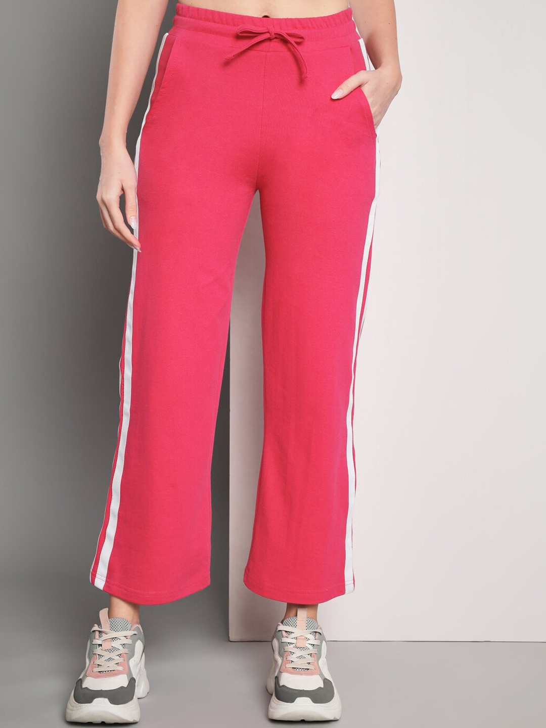 

Q-rious Women Mid-Rise Side Striped Pure Cotton Flared Track Pant, Pink