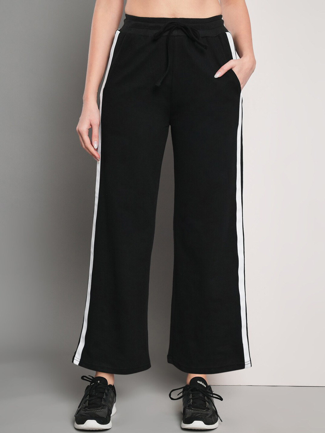 

Q-rious Women Mid-Rise Side Striped Pure Cotton Flared Track Pant, Black