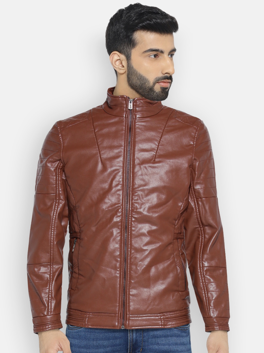 

Fort Collins Men Brown Solid Faux Leather Biker Jacket