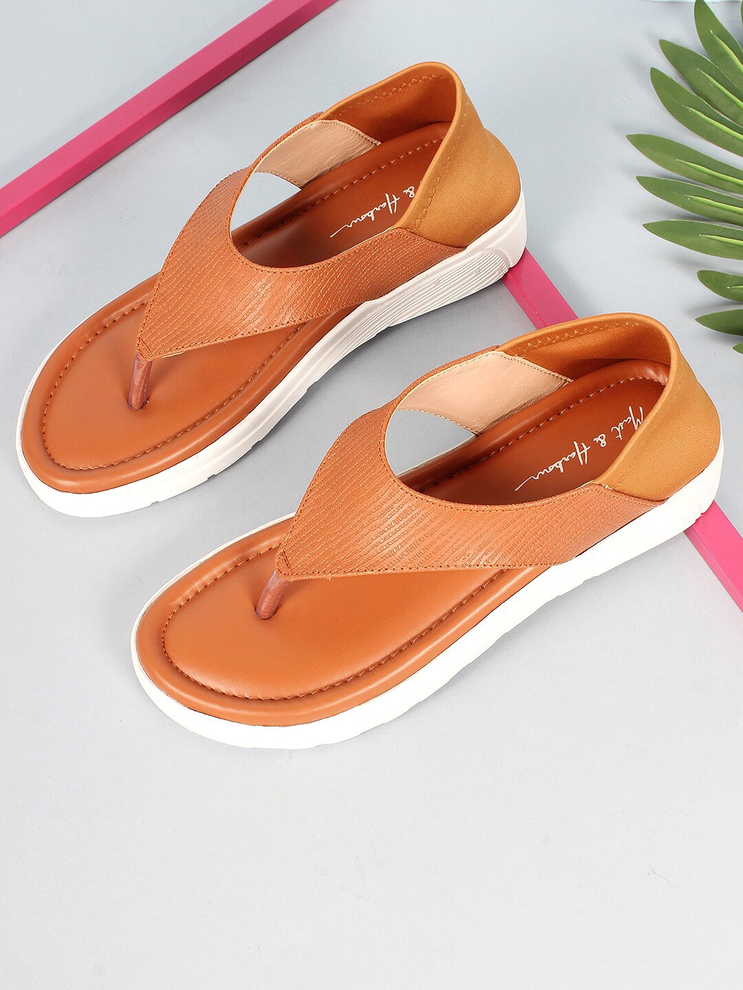 

Mast & Harbour Women Tan Brown & White Textured Open Toe Flats With Backstrap