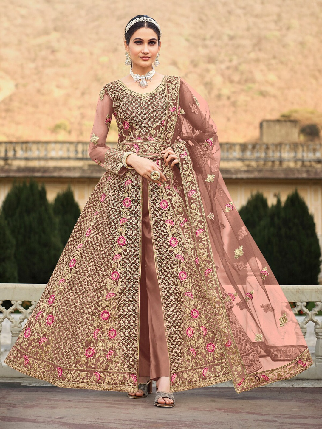 

ODETTE Floral Embroidered High Slit Zari Semi-Stitched A-Line Kurta & Trousers & Dupatta, Peach