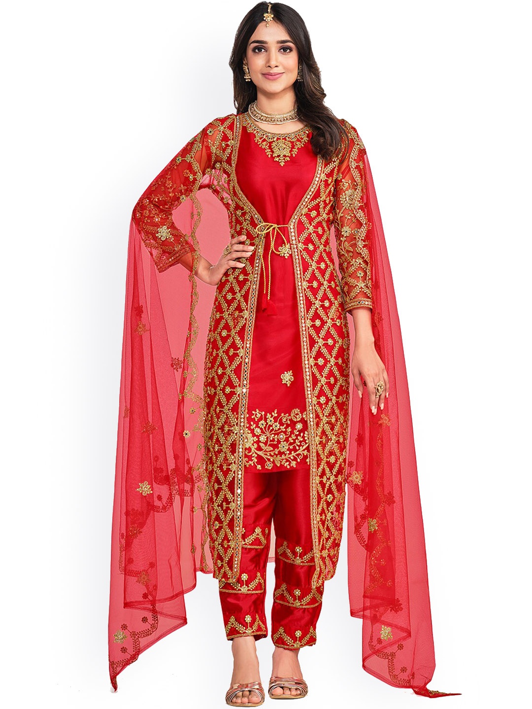 

ODETTE Women Embroidered Mirror Work Kurta & Trousers With Dupatta & Jacket, Red