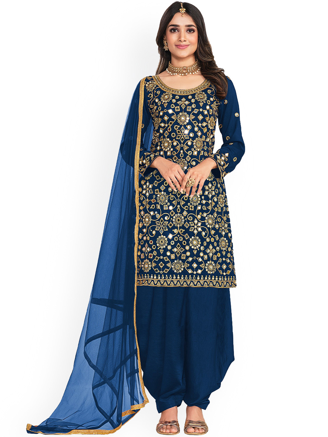 

ODETTE Women Embroidered Mirror Work Semi-Stitched Kurta With Patiala & Dupatta, Blue
