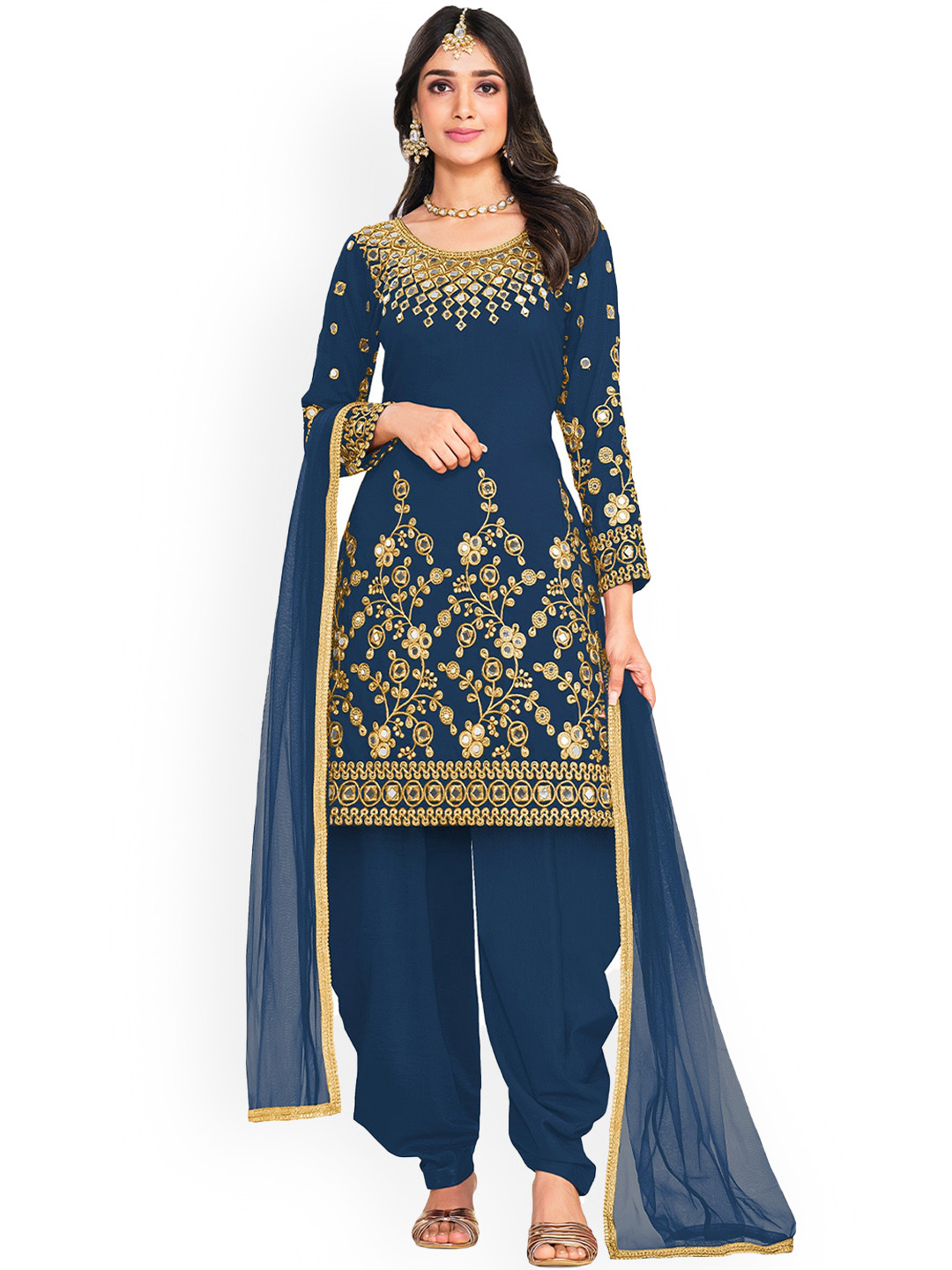 

ODETTE Women Embroidered Mirror Work Semi-Stitched Kurta With Patiala & Dupatta, Blue