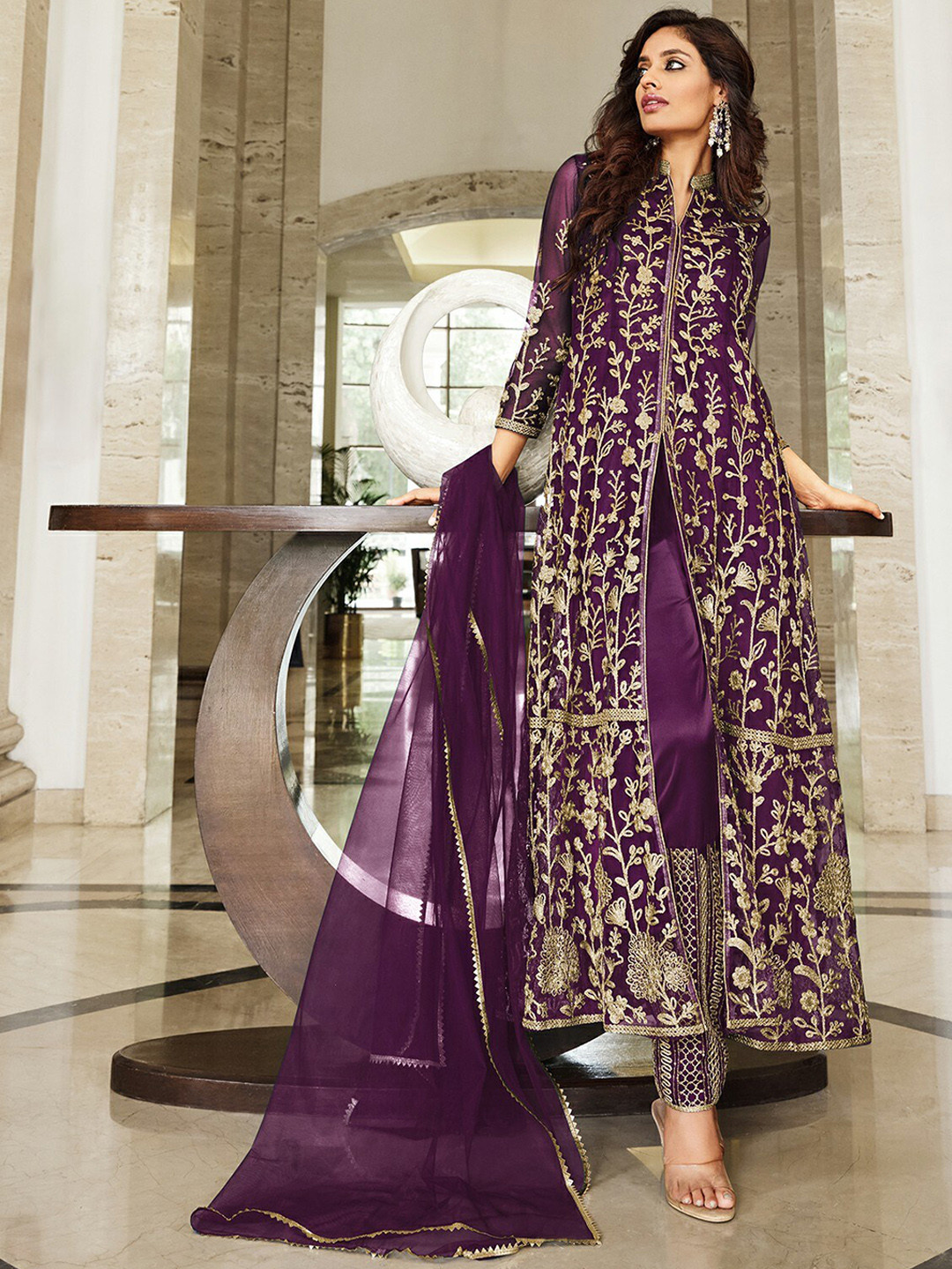 

ODETTE Women Embroidered High Slit Semi-Stitched A-Line Kurta With Trousers & Dupatta, Purple