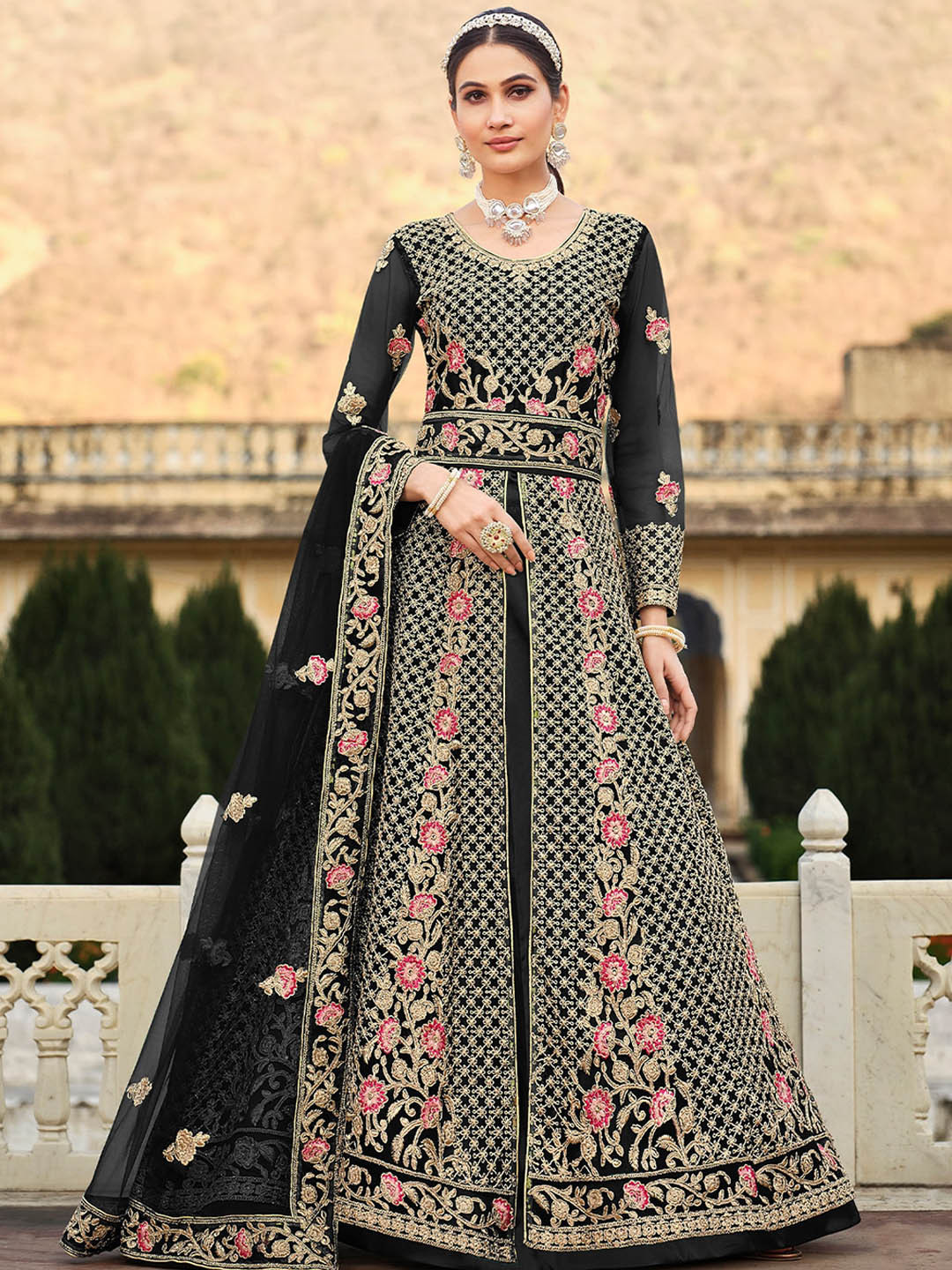 

ODETTE Floral Zari Embroidered Semi-Stitched A-Line Kurta With Trousers & Dupatta, Black