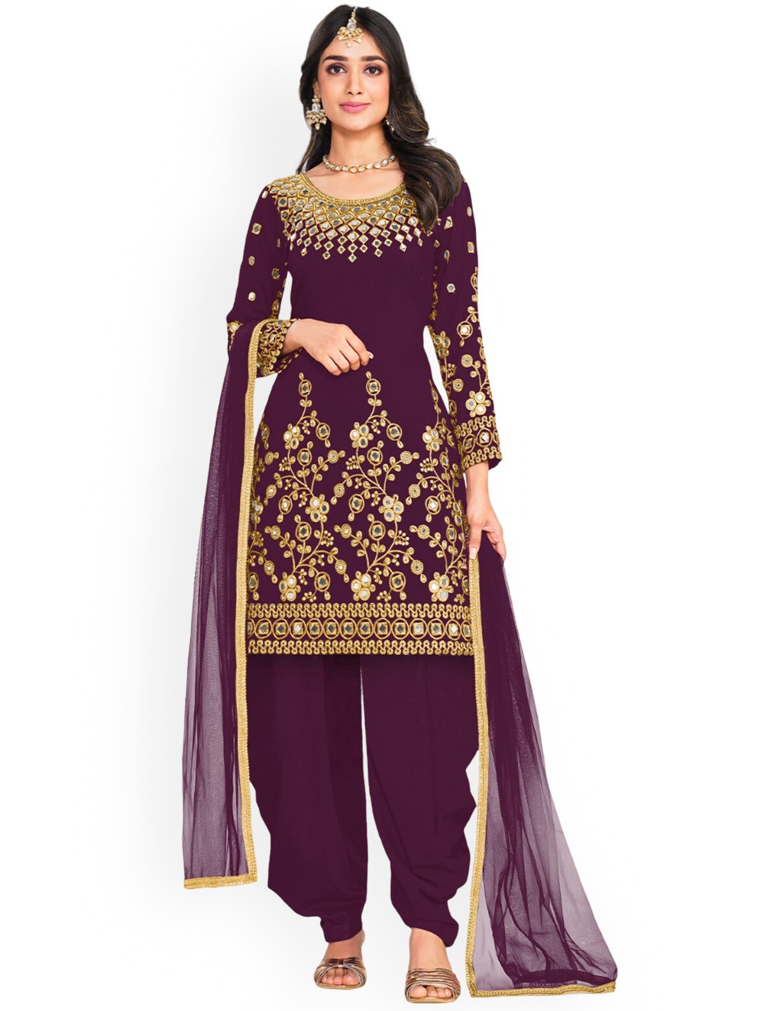 

ODETTE Women Floral Embroidered Mirror Work Semi-Stitched Kurta With Patiala & Dupatta, Purple
