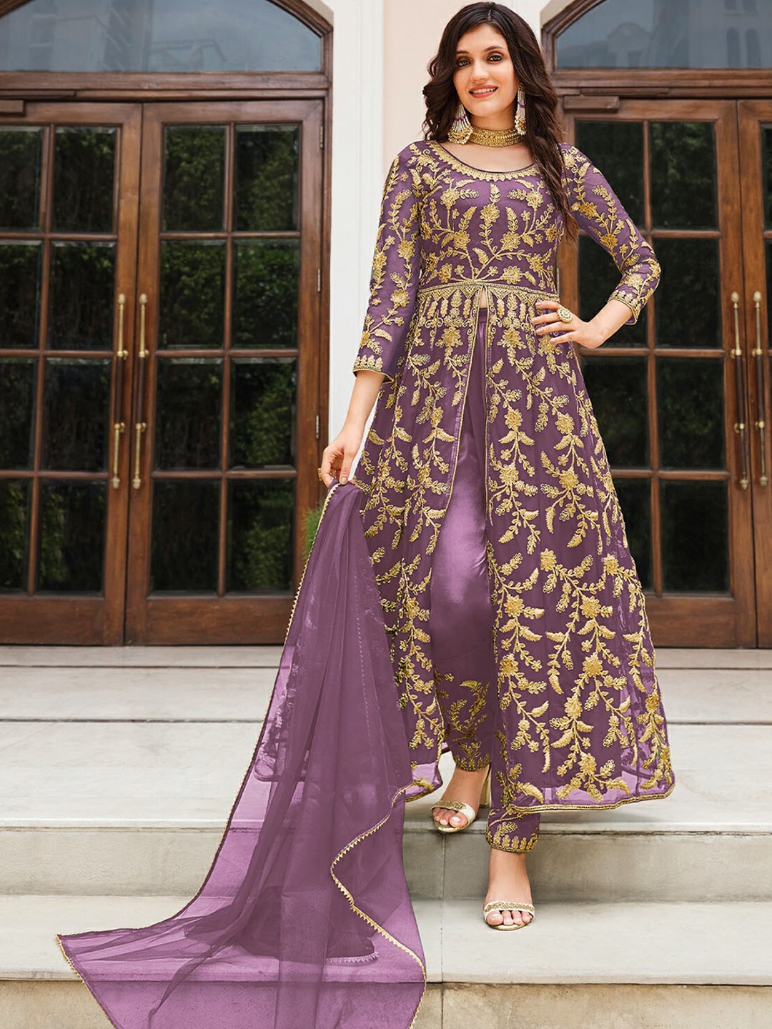 

ODETTE Women Floral Embroidered Zari A-Line Semi-Stitched Kurta With Trousers & Dupatta, Mauve