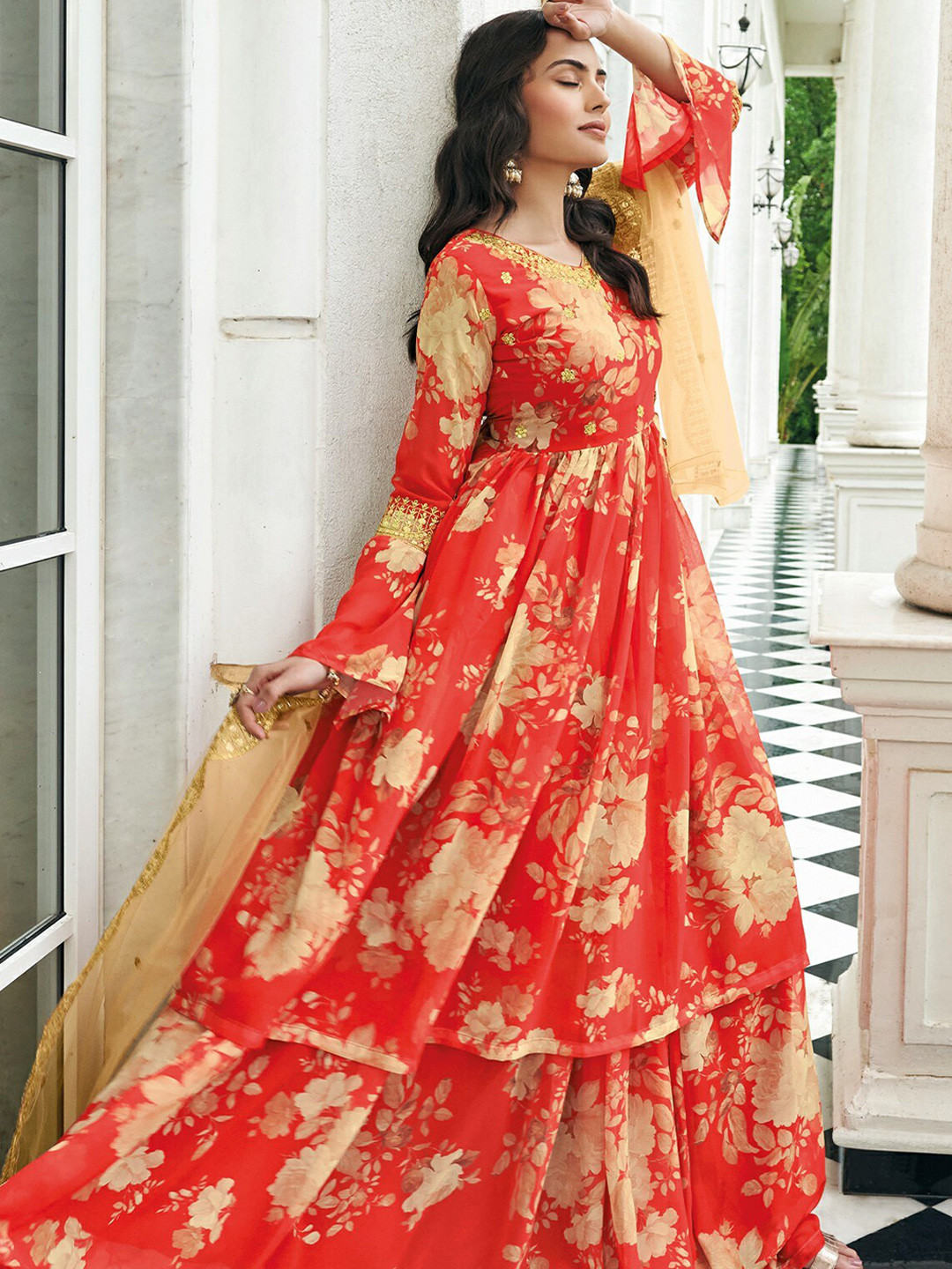 

ODETTE Women Floral Printed Thread Work Semi-Stitched Kurta With Skirt & Dupatta, Red