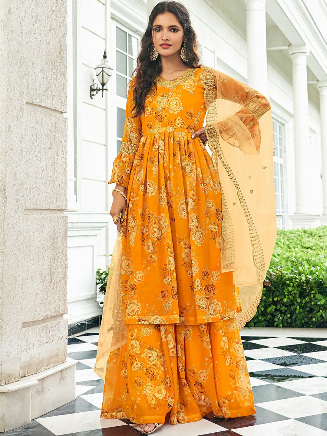 

ODETTE Floral Printed Sequinned Velvet Semi stitched Dress Material, Mustard
