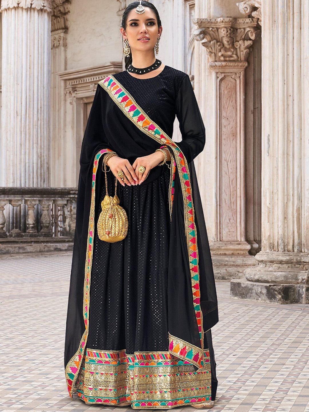 

ODETTE Embroidered Sequinned Anarkali Kurta With Trousers & Dupatta, Black