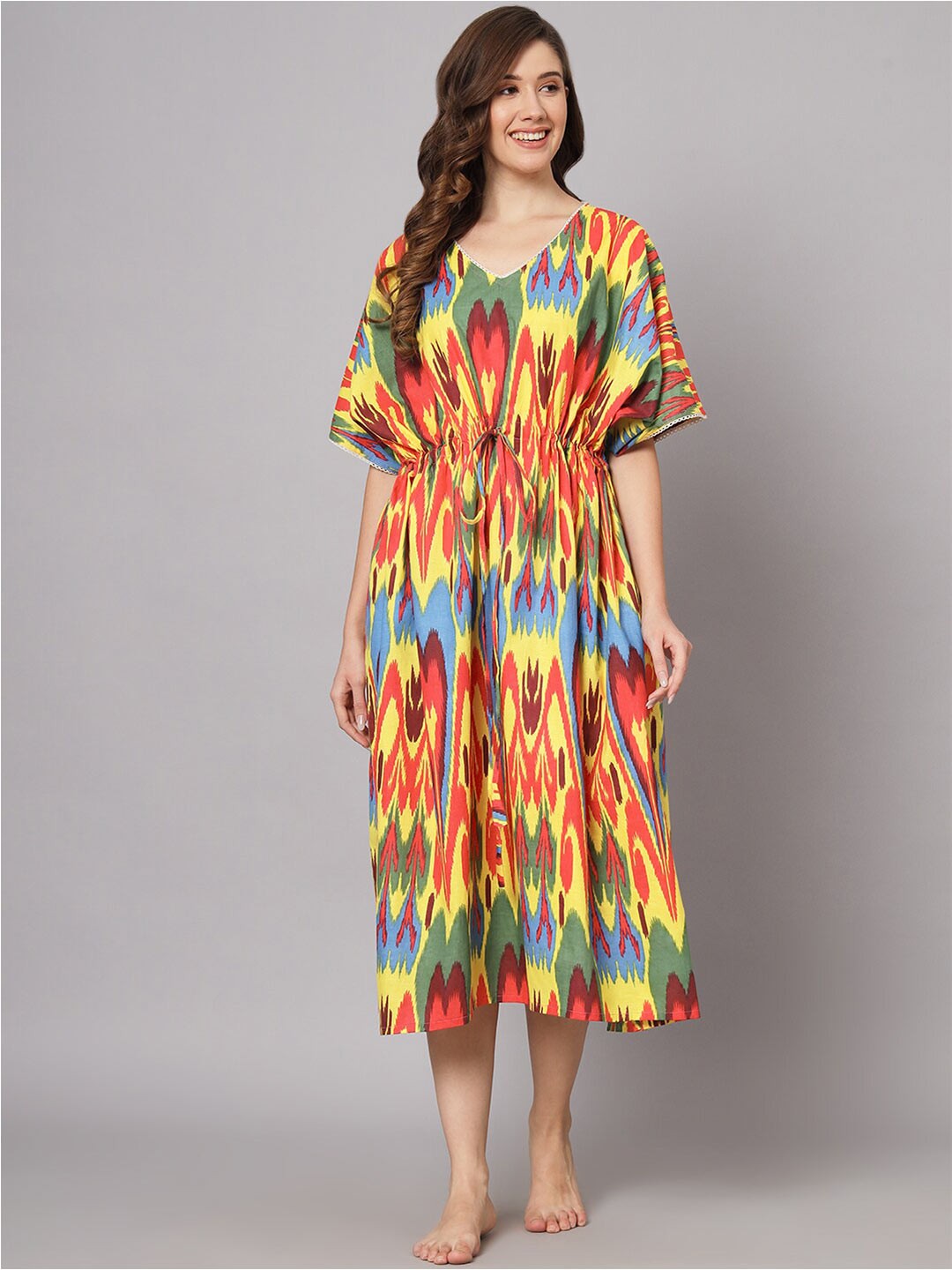 

SEPHANI Abstract Printed Pure Cotton Kaftan Nightdress, Yellow