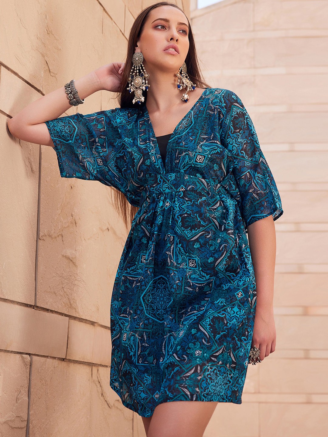 

FabAlley X SIDDARTH TYTLER Abstract Printed Chiffon A-Line Dress, Blue