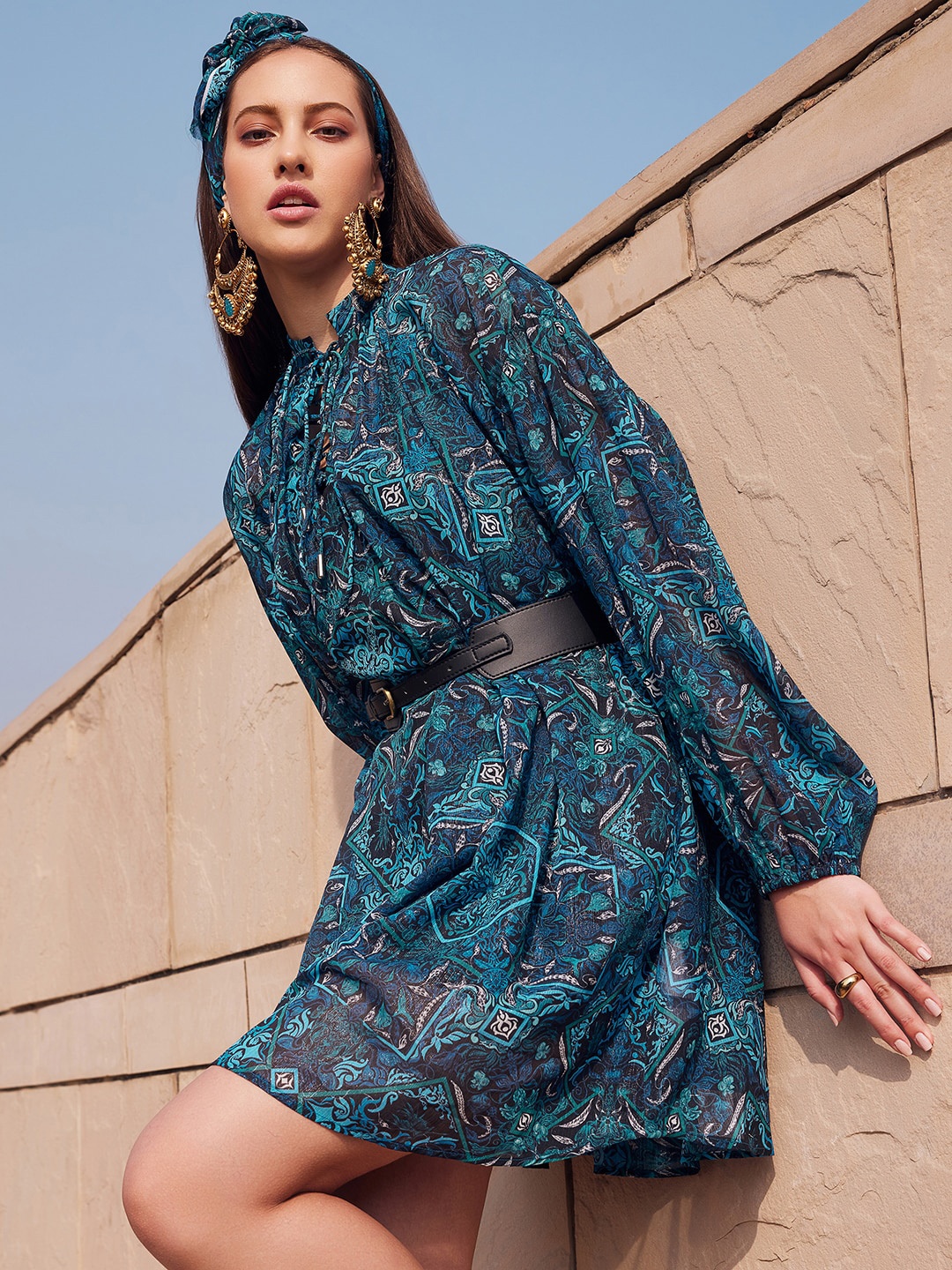 

FabAlley X SIDDARTH TYTLER Ethnic Motifs Printed Chiffon Fit & Flare Dress With Belt, Blue