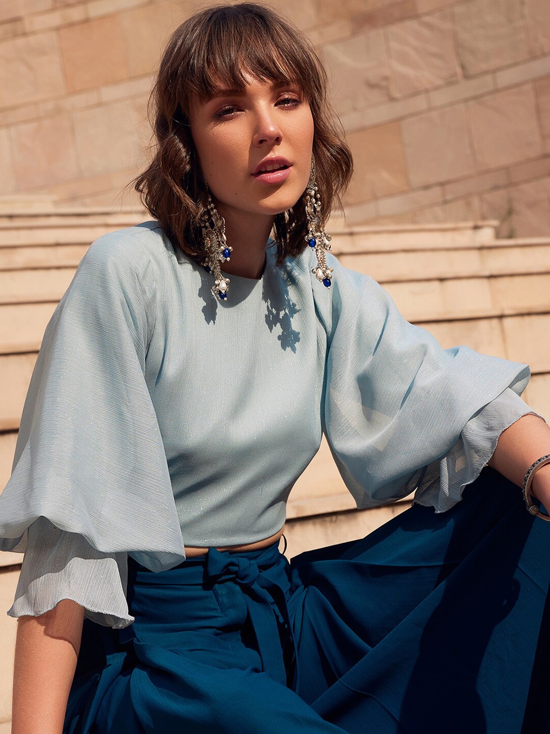 

FabAlley X SIDDARTH TYTLER Flared Sleeves Crop Regular Top, Blue
