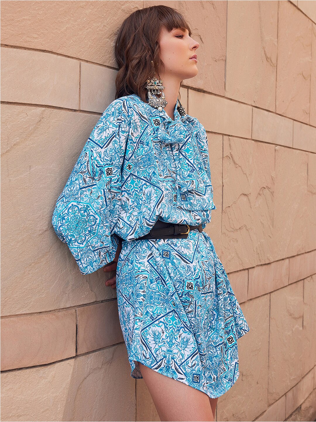 

FabAlley X Siddarth Blue Floral Print Crepe Blouson Dress