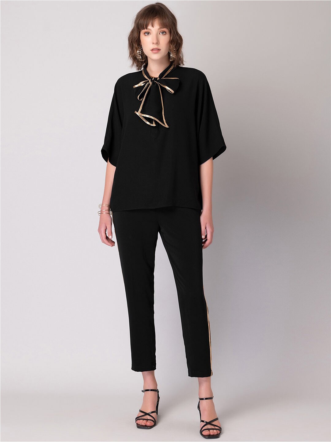 

FabAlley Bow Detail Oversized Top with Cropped Pants, Black