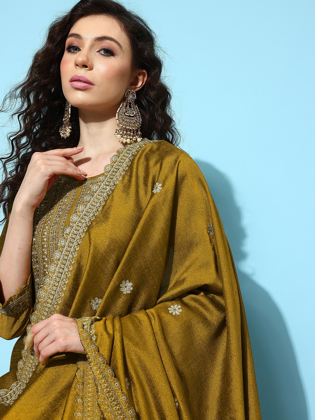 

SheWill Ethnic Motifs Embroidered Regular Sequinned Kurta with Palazzos & Dupatta, Mustard