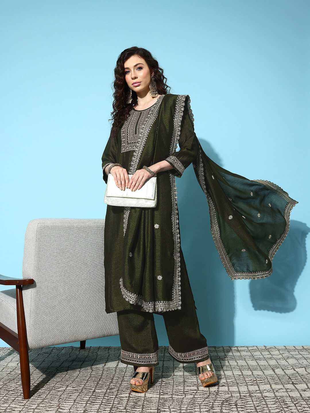 

SheWill Ethnic Motifs Embroidered Sequinned Kurta with Palazzos & Dupatta, Olive