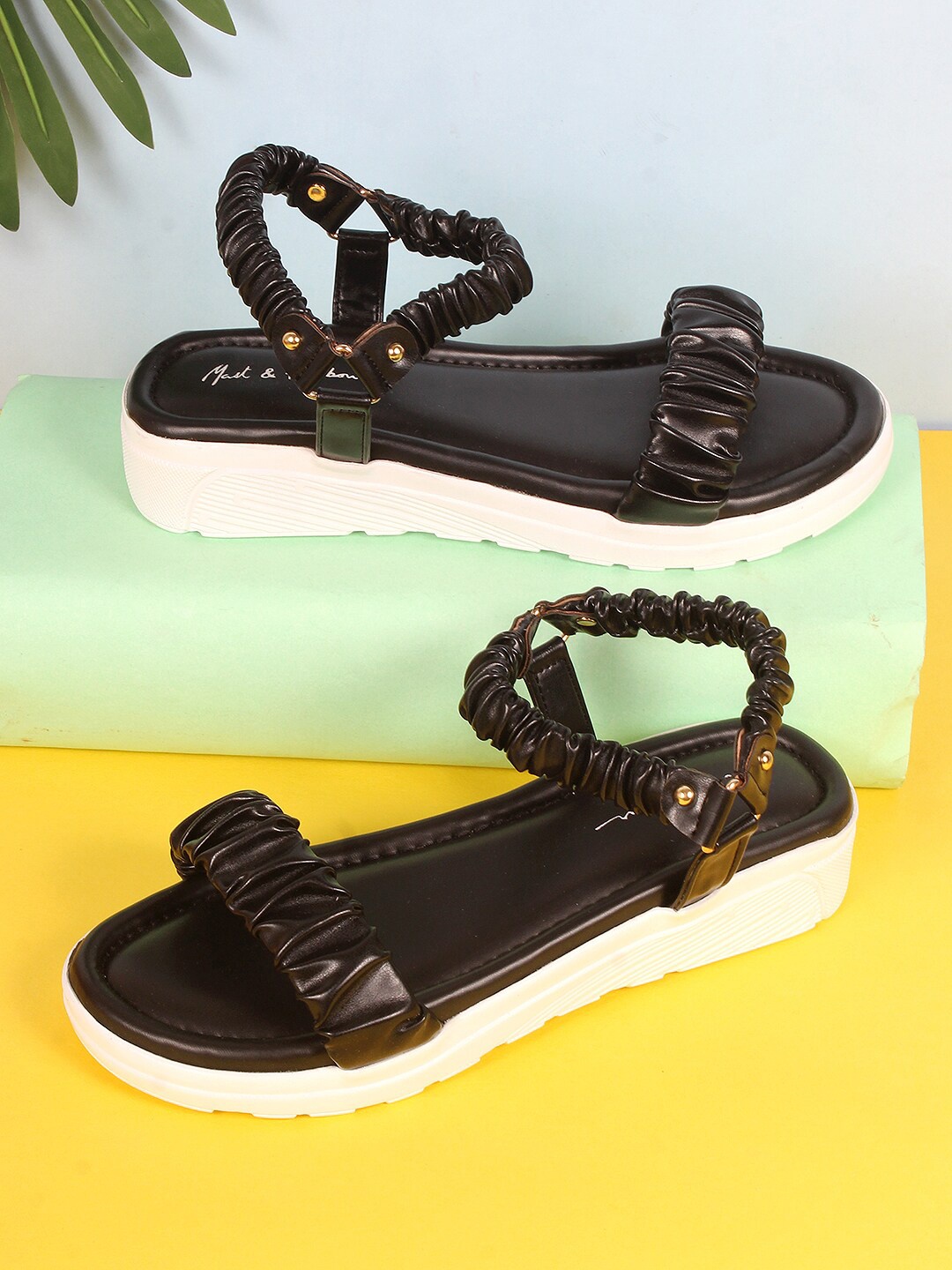 

Mast & Harbour Black And White Ruched Strap Comfort Heels