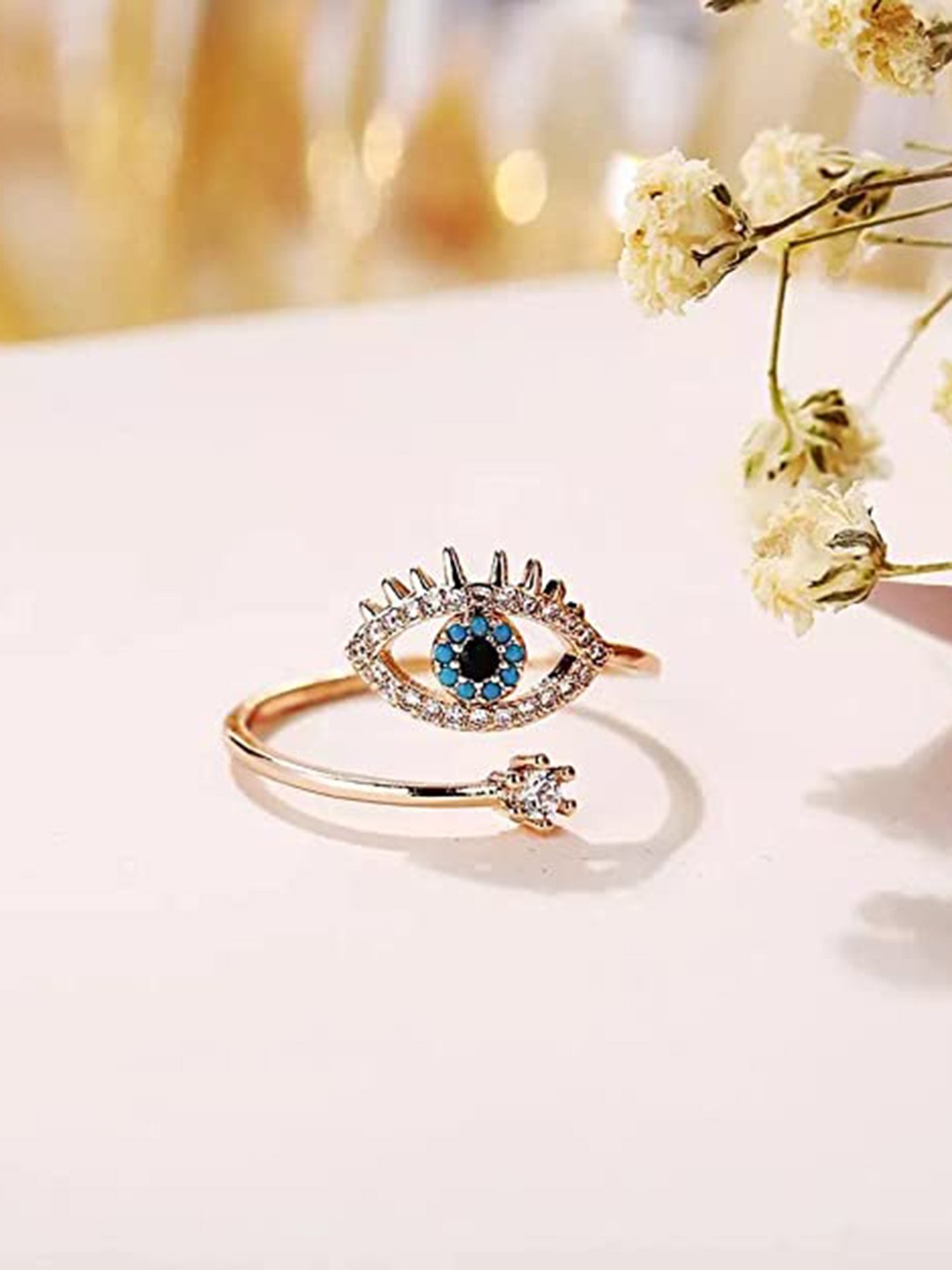 

VIEN Rose Gold-Plated & CZ-Studded Evil Eye Adjustable Ring