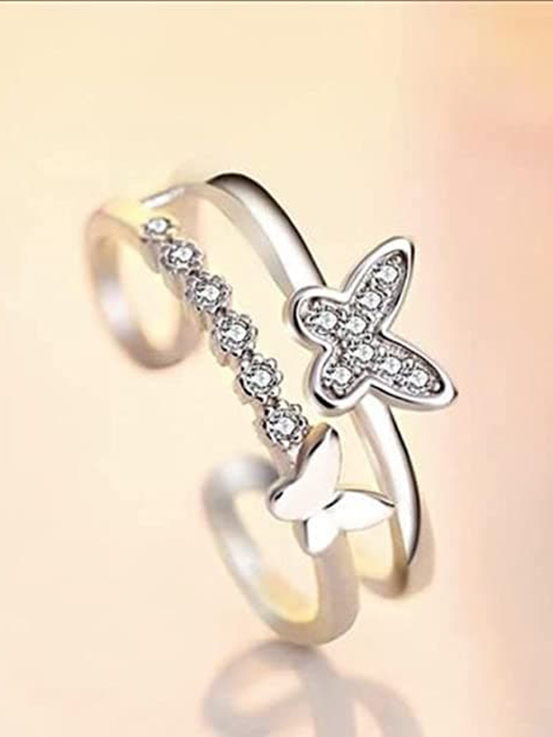 

VIEN Silver-Plated CZ-Studded Adjustable Butterfly Finger Ring