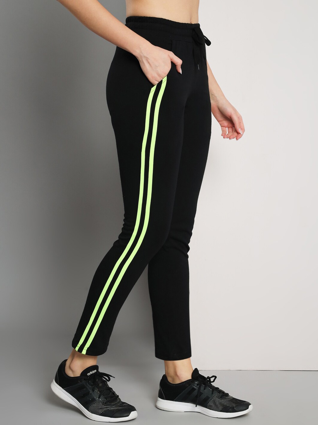 

Q-rious Women Striped Mid-Rise Pure Cotton Track Pants, Black