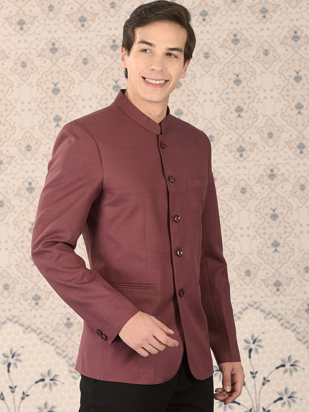 

Ode by House of Pataudi Maroon Mandarin Collar Slim-Fit Bandhgala Blazer