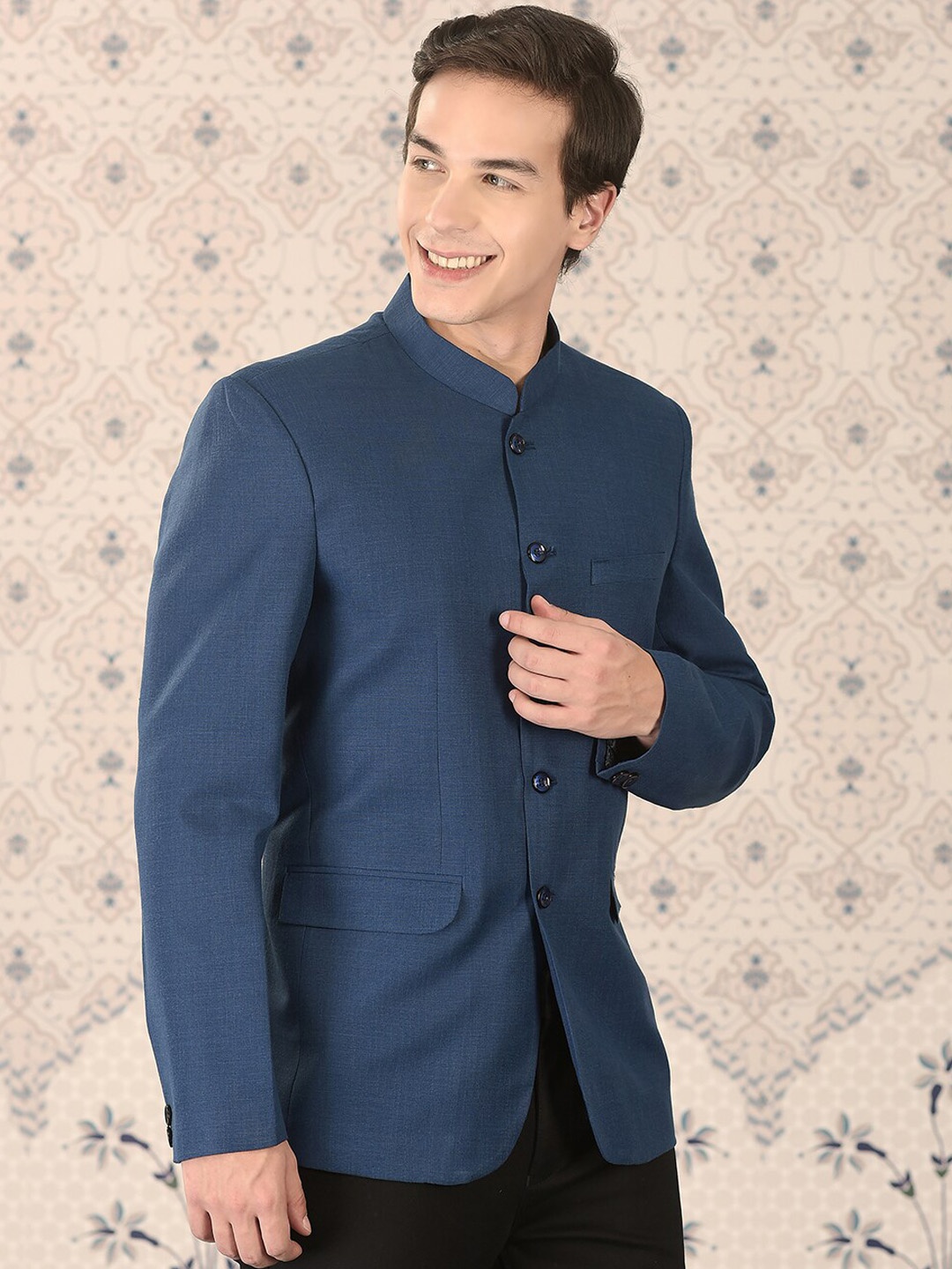 

Ode by House of Pataudi Blue Mandarin Collar Slim-Fit Bandhgala Blazer