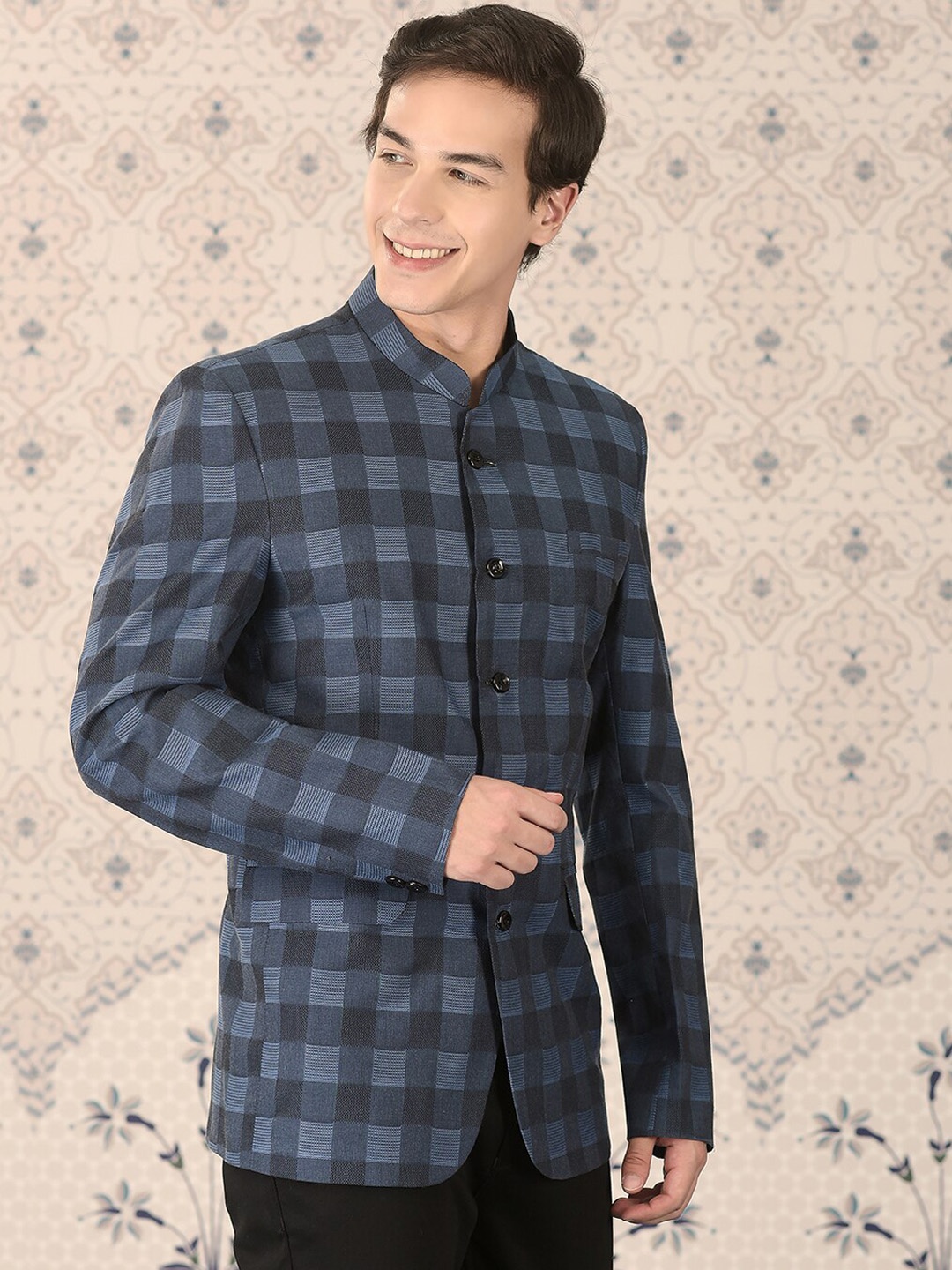 

Ode by House of Pataudi Blue Checked Slim-Fit Bandhgala Blazer