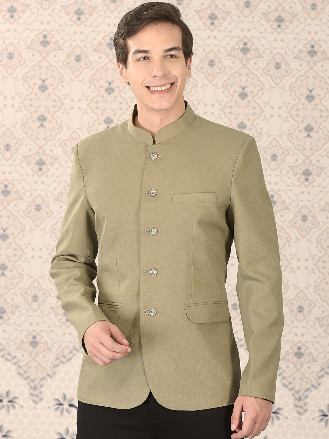 

Ode by House of Pataudi Green Mandarin Collar Slim-Fit Bandhgala Blazer