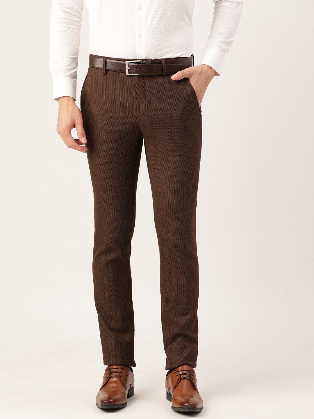 

Peter England Men Textured Slim Fit Formal Trousers, Brown