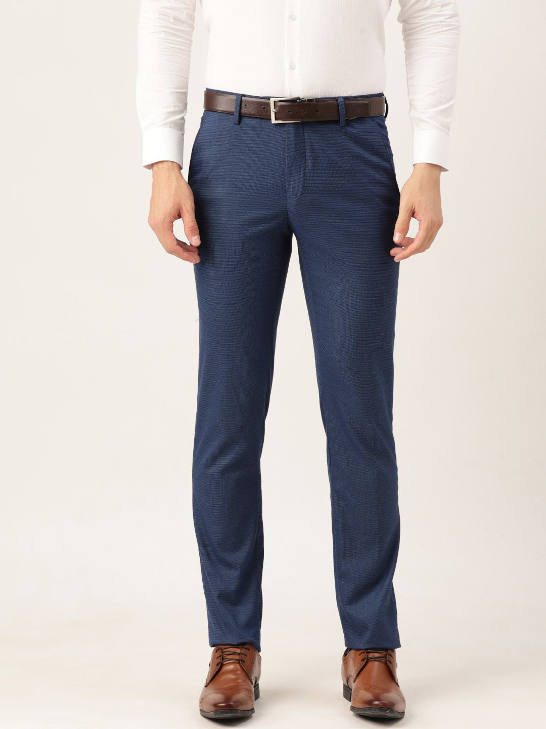

Peter England Men Textured Slim Fit Formal Trousers, Blue