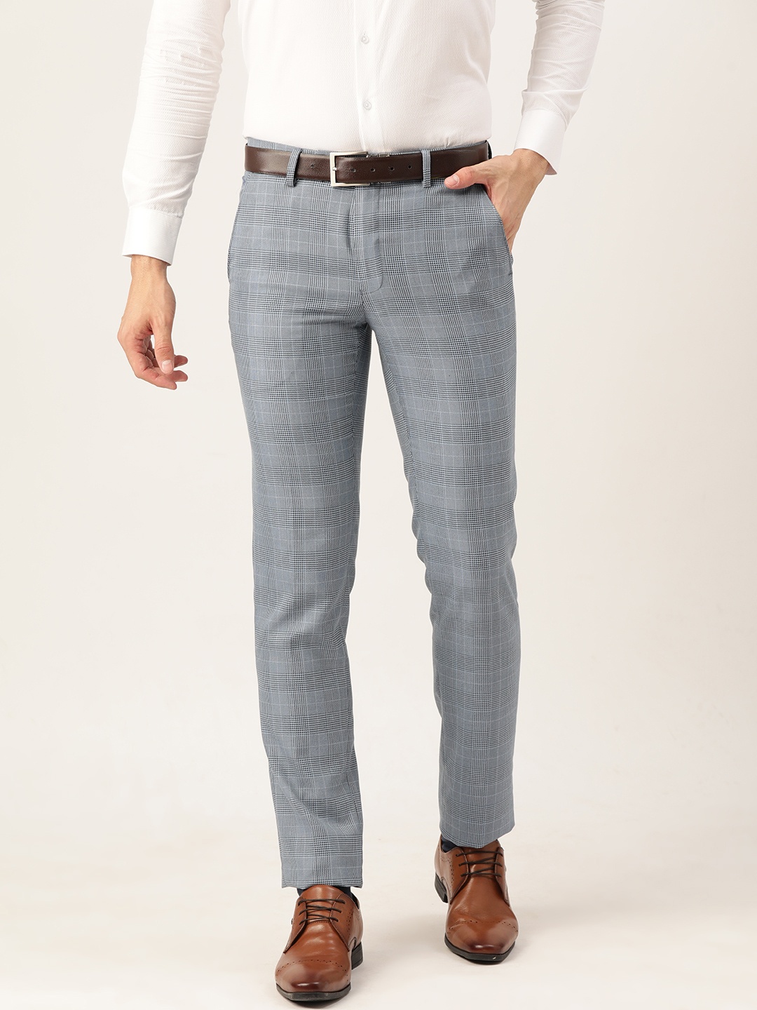 

Peter England Men Checked Textured Slim Fit Formal Trousers, Blue