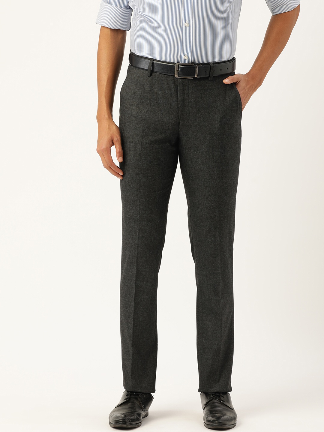 

Peter England Men Checked Slim Fit Mid-Rise Plain Knitted Formal Trousers, Charcoal