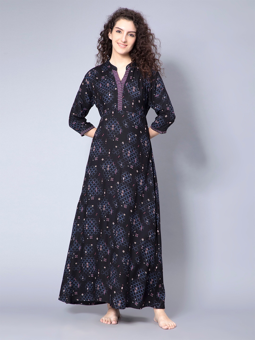 

NIGHTSPREE Geometric Printed Maxi Nightdress, Black