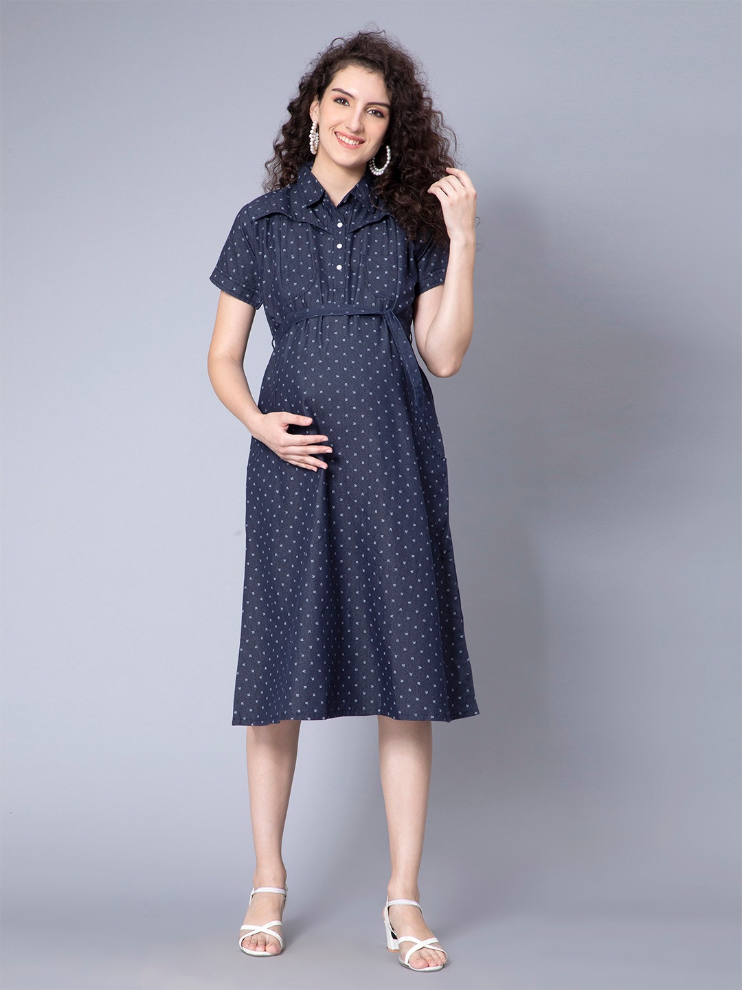 

NIGHTSPREE Conversational Printed Cotton Denim Maternity Shirt Midi Dress With Belt, Blue