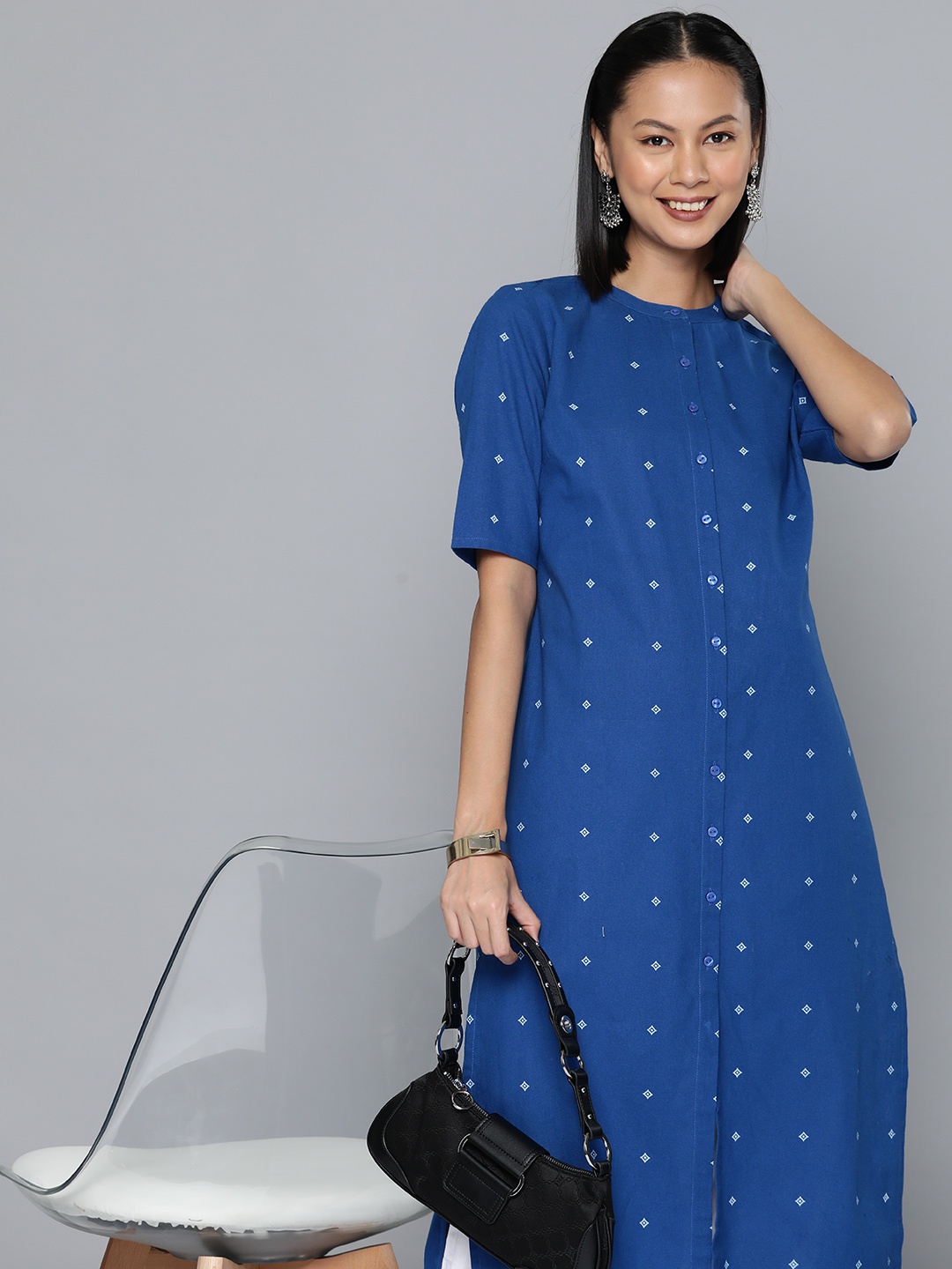 

HERE&NOW Women Geometric Printed Kurta, Blue