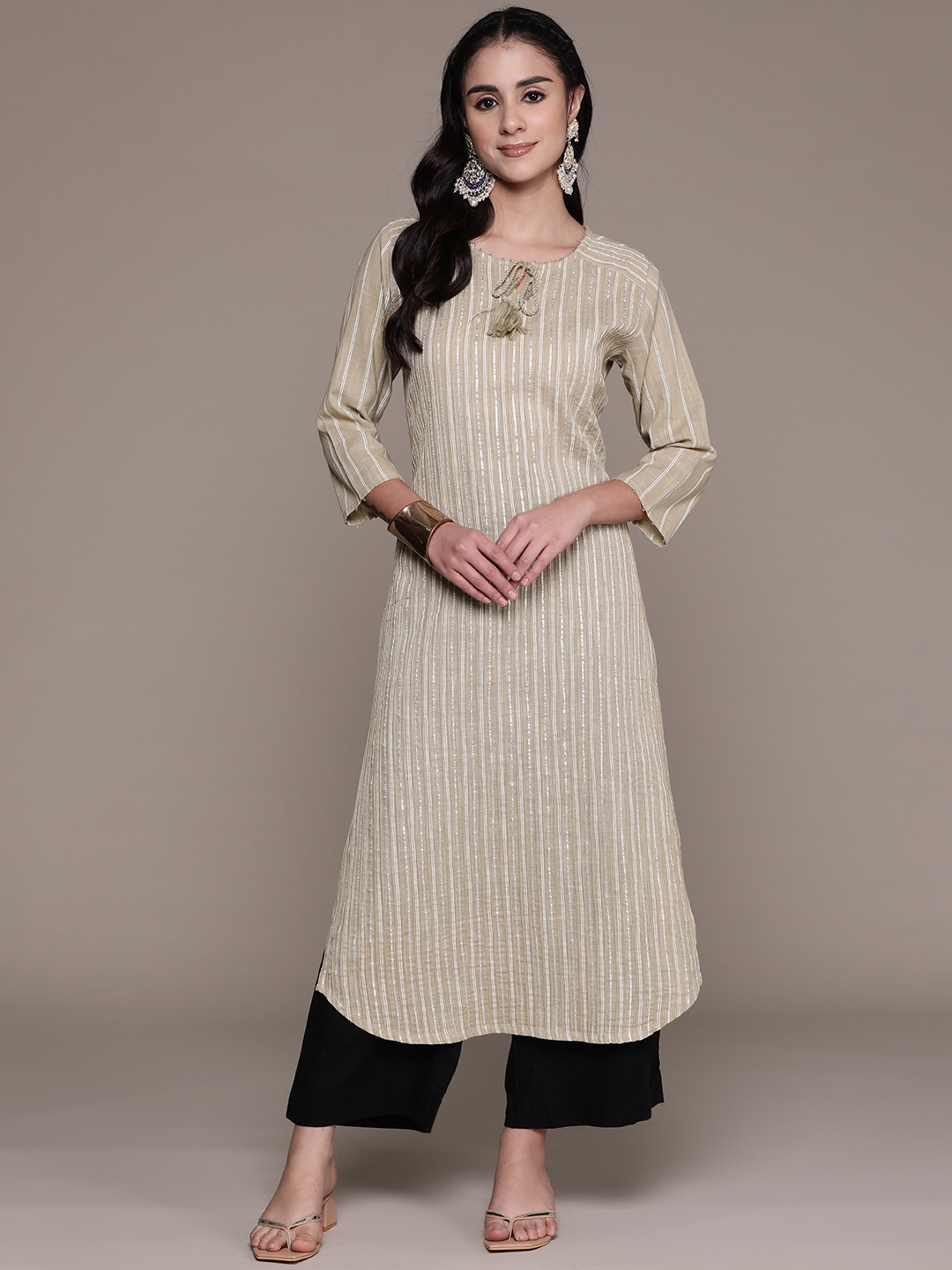 

Readiprint Striped Gotta Patti Pure Cotton Kurta, Beige