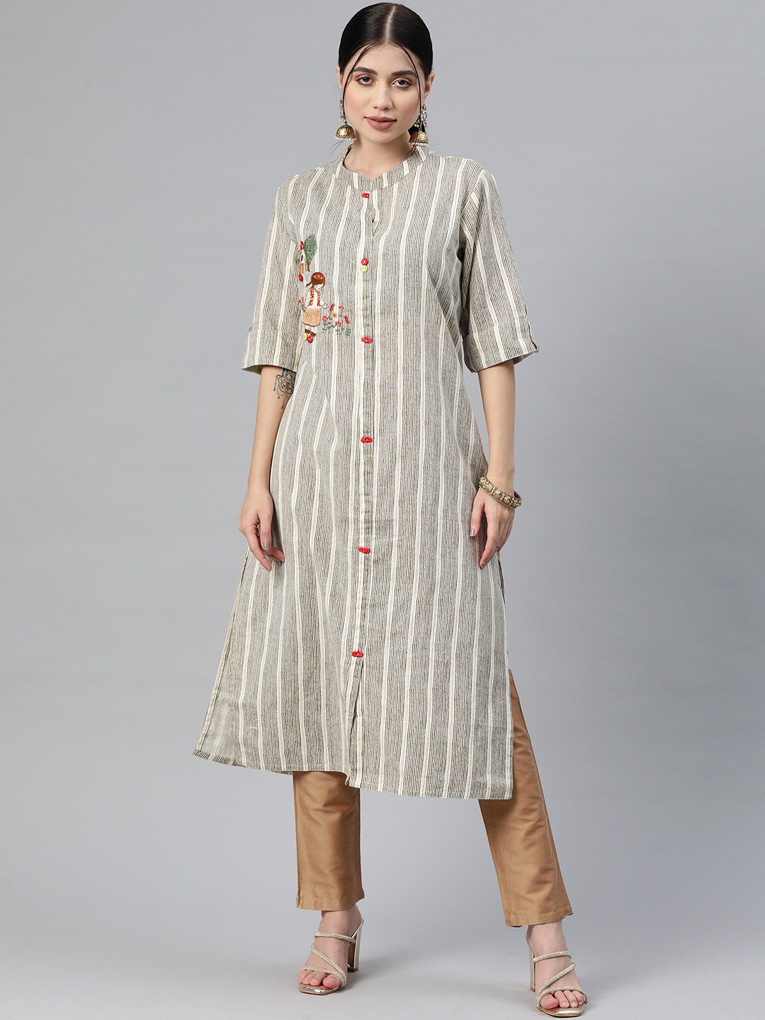 

Readiprint Fashions Women Striped Thread Work Cotton Kurta, Grey