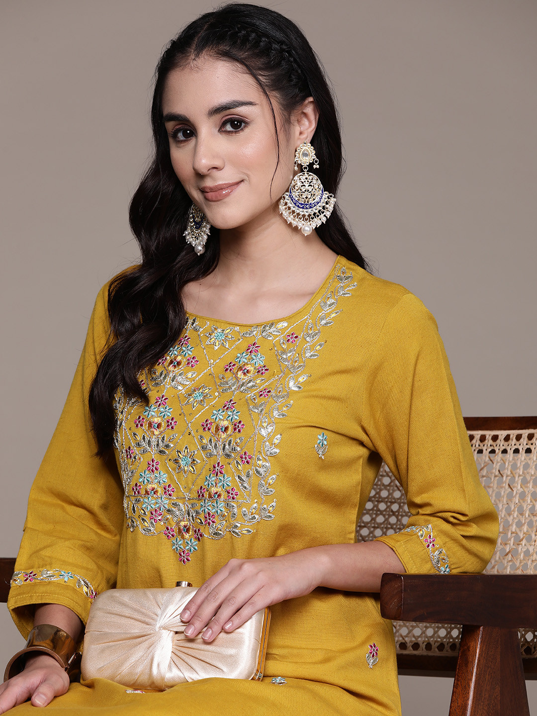 

Readiprint Fashions Floral Embroidered Gotta Patti Pure Cotton Kurta, Mustard