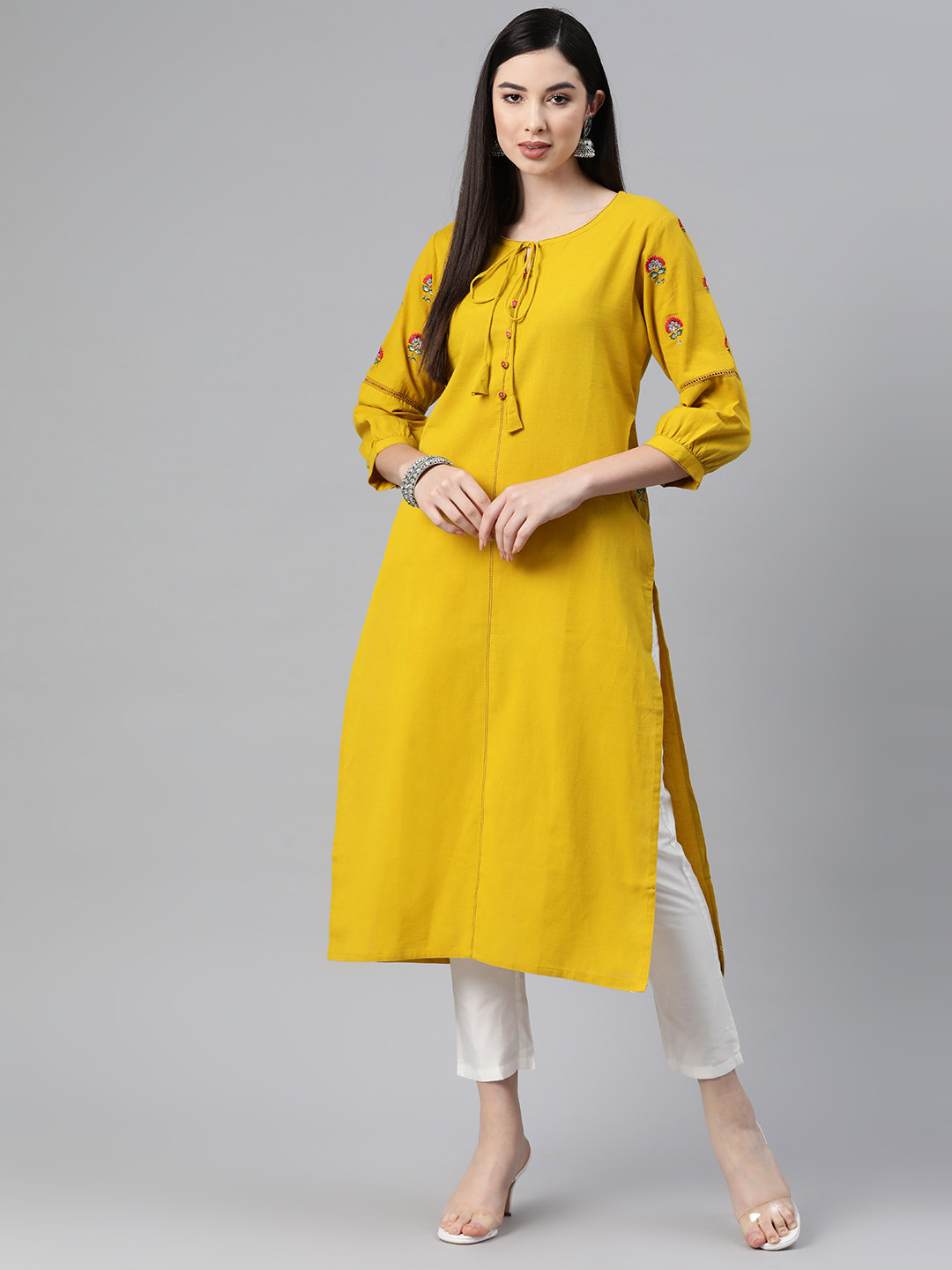 

Readiprint Fashions Women Ethnic Motifs Embroidered Cotton Thread Work Kurta, Mustard