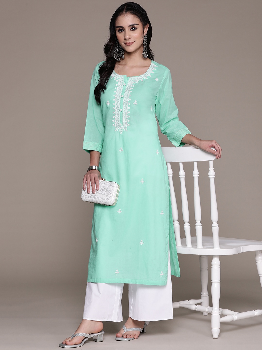 Readiprint Floral Embroidered Thread Work Pure Cotton Kurta, Sea green