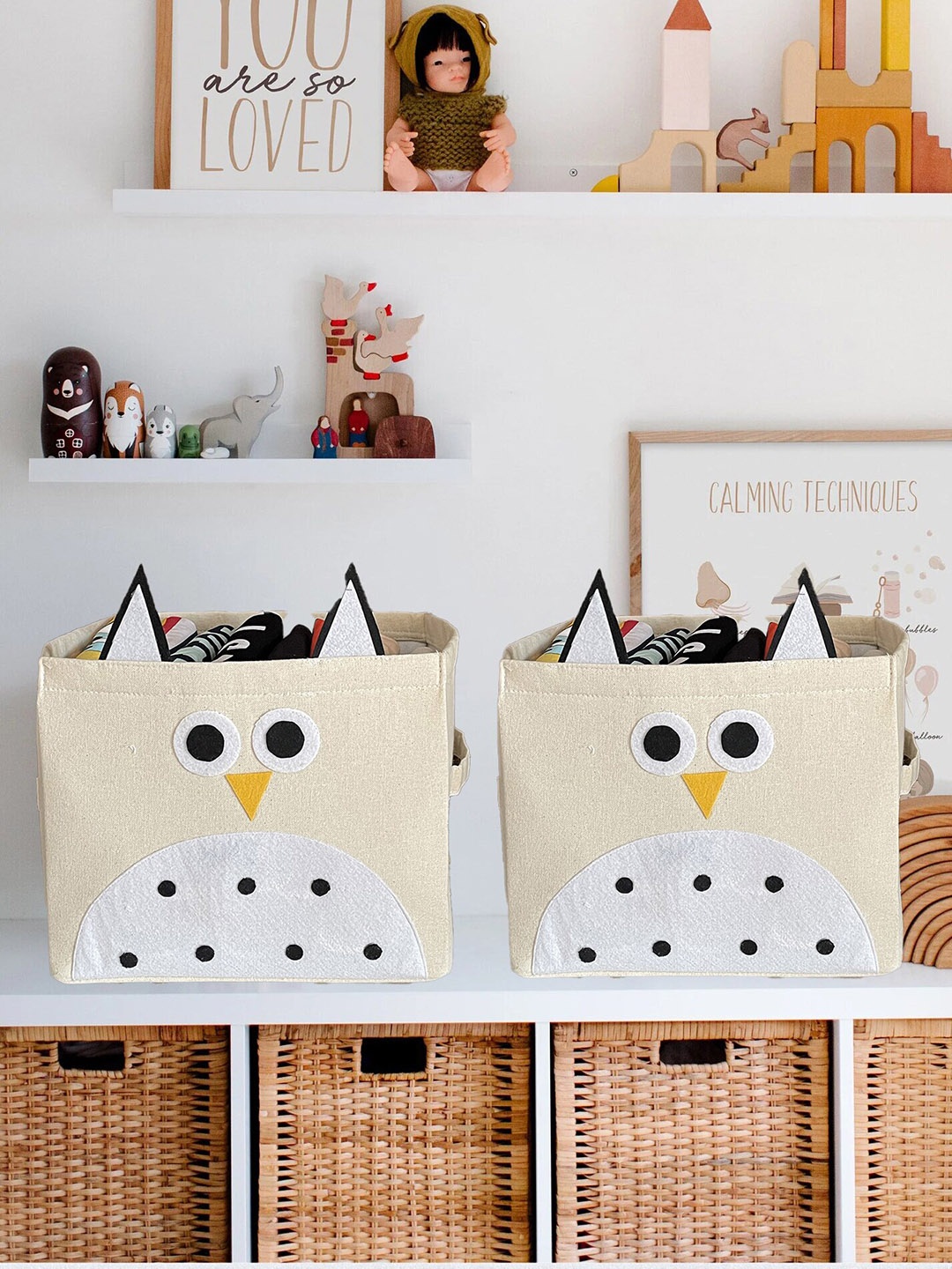 

My Gift Booth Kids Cream-Colored 2 Pieces Owl Basket With Handles On The Side