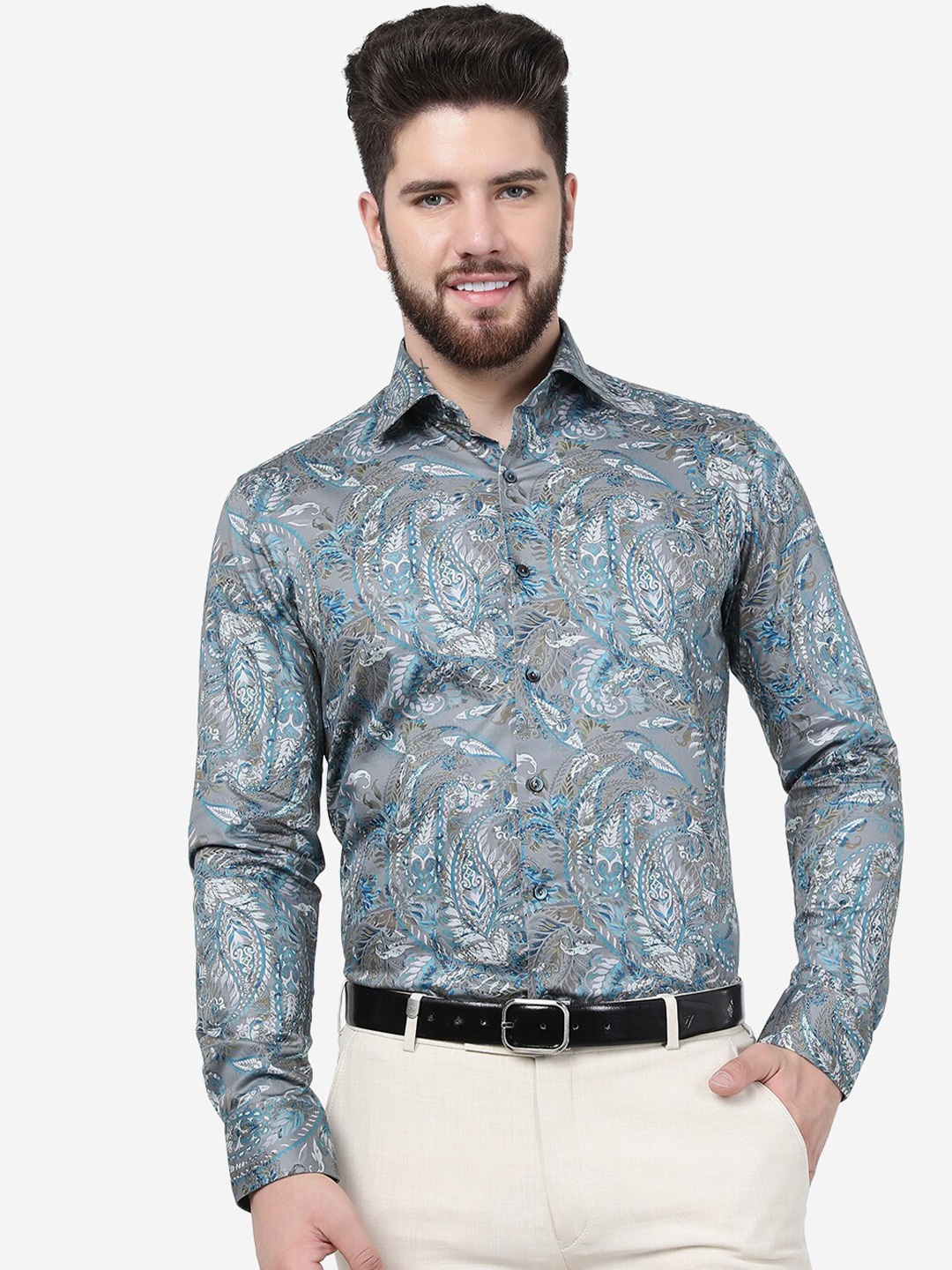 

WYRE Slim Fit Floral Printed Pure Cotton Formal Shirt, Grey