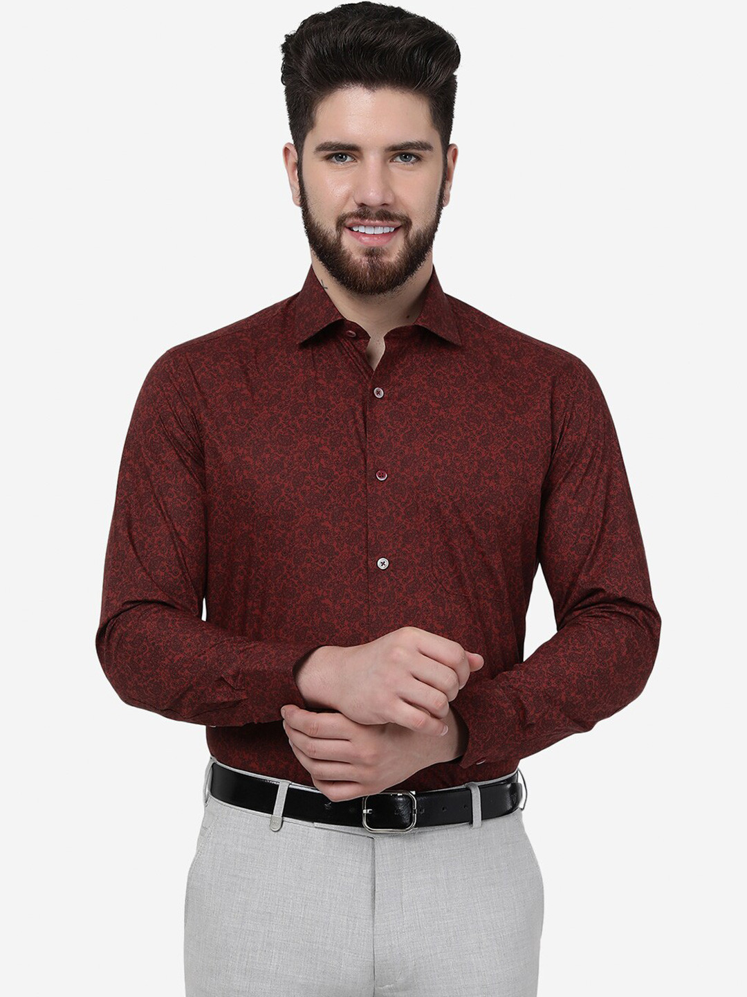

Greenfibre Slim Fit Ethnic Motifs Printed Formal Shirt, Maroon