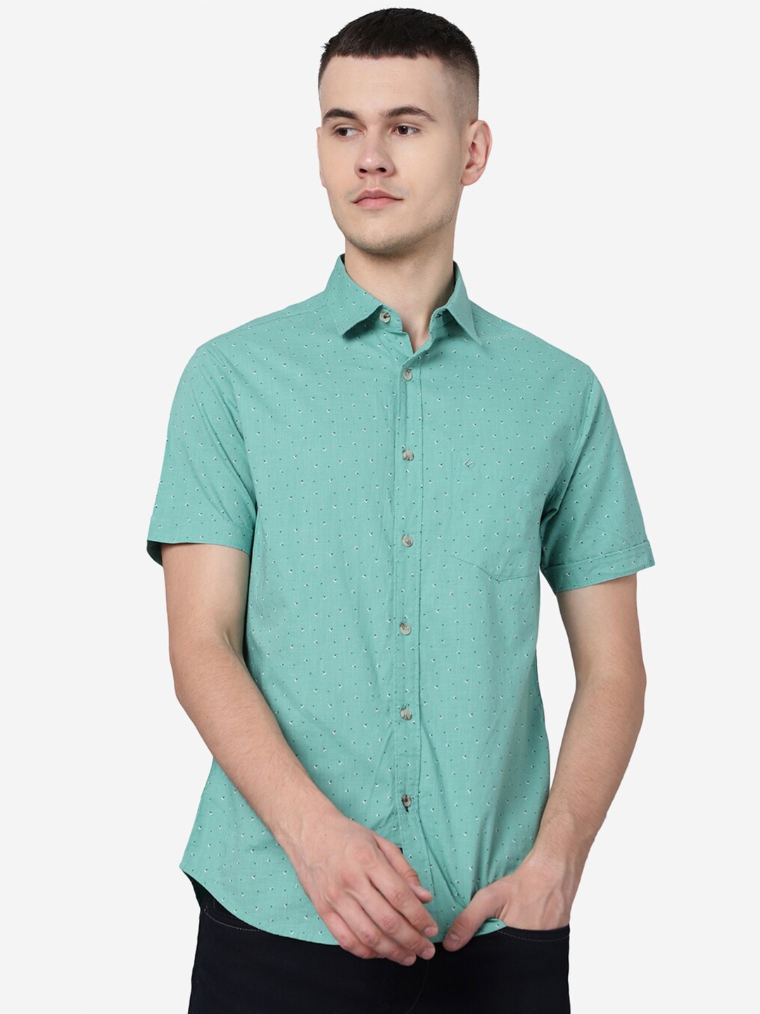 

Greenfibre Slim Fit Micro Ditsy Printed Casual Pure Cotton Shirt, Green