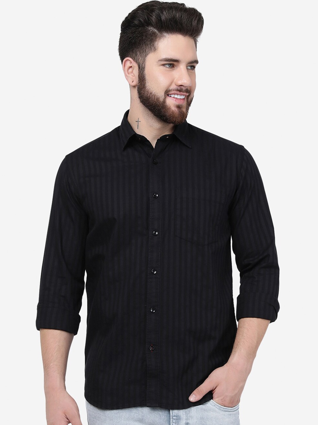 

Greenfibre Slim Fit Vertical Striped Casual Pure Cotton Shirt, Black