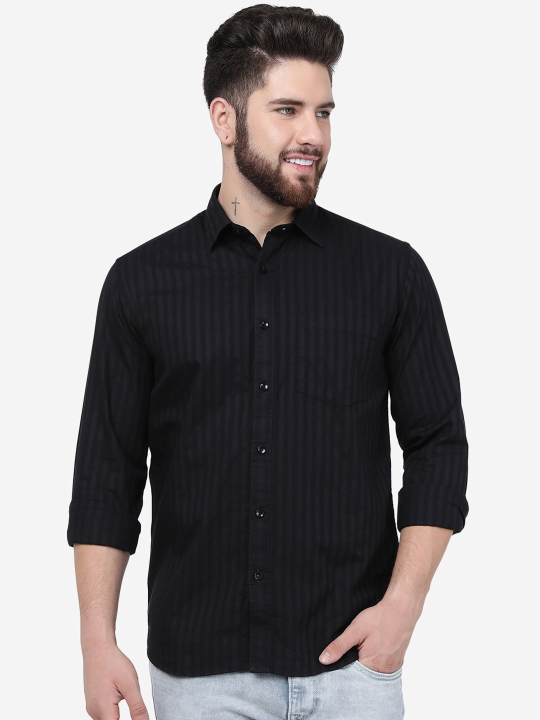 

Greenfibre Slim Fit Vertical Striped Casual Pure Cotton Shirt, Black